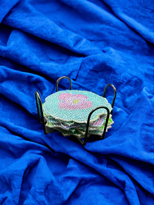 Handmade Rhinestone Flower Coasters with Holder Decor