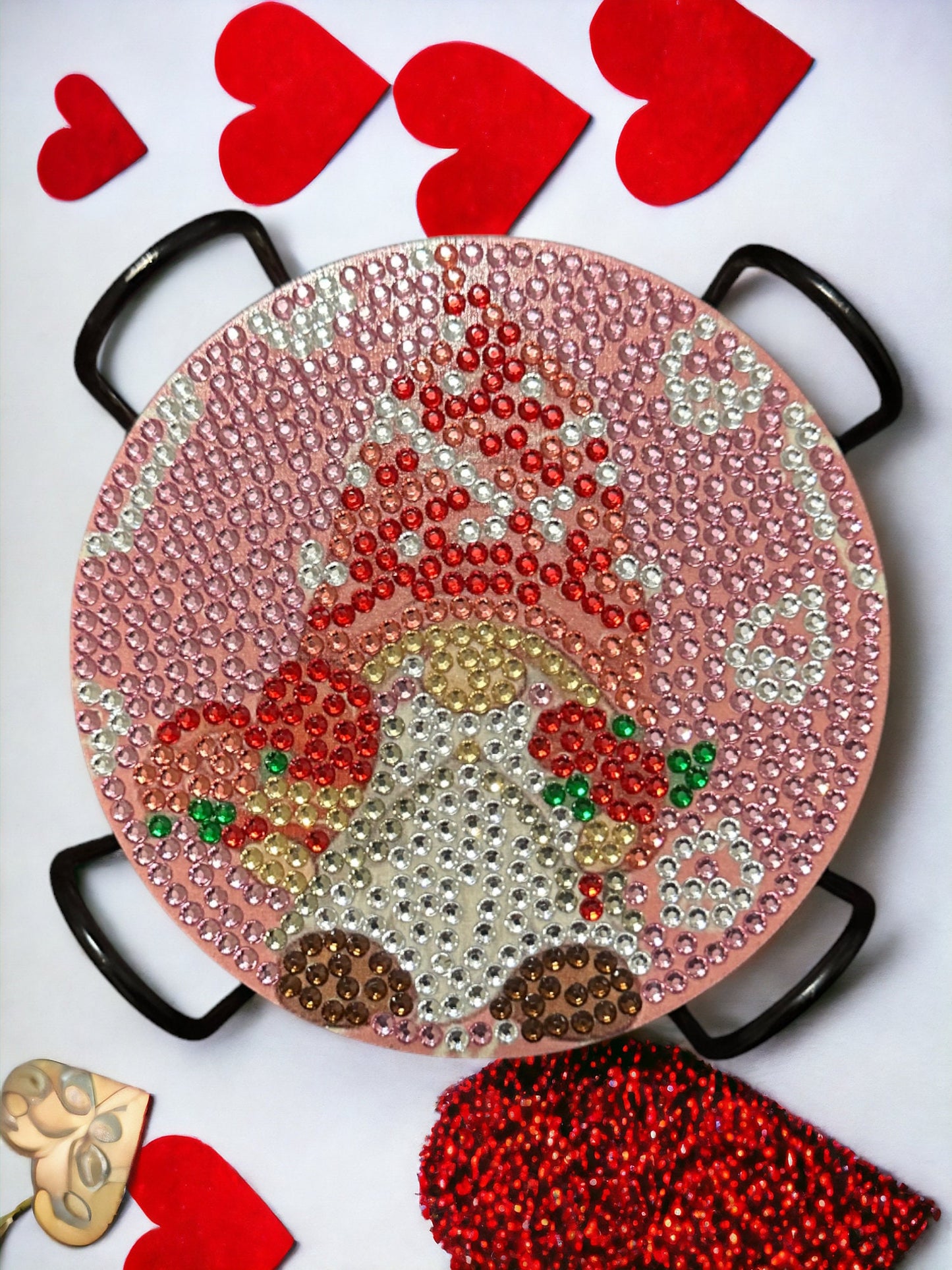 Handmade Rhinestone Gnome Valentines Day Coasters: Red Pink Love Decor