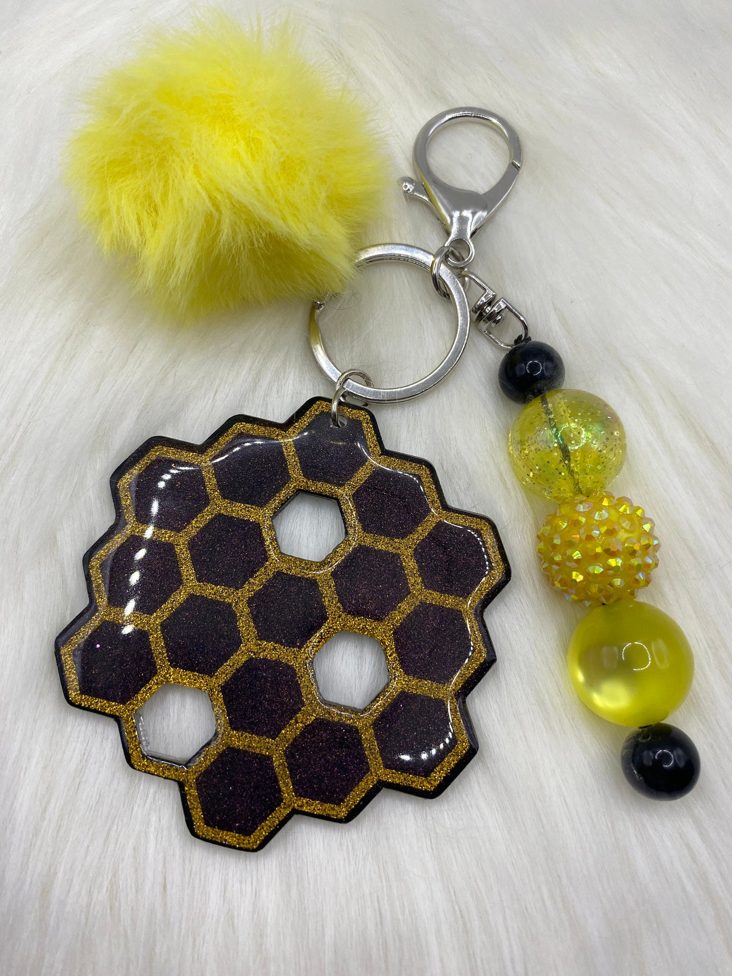 Honeycomb Keychain: Bubblegum Bead & PomPom Charm