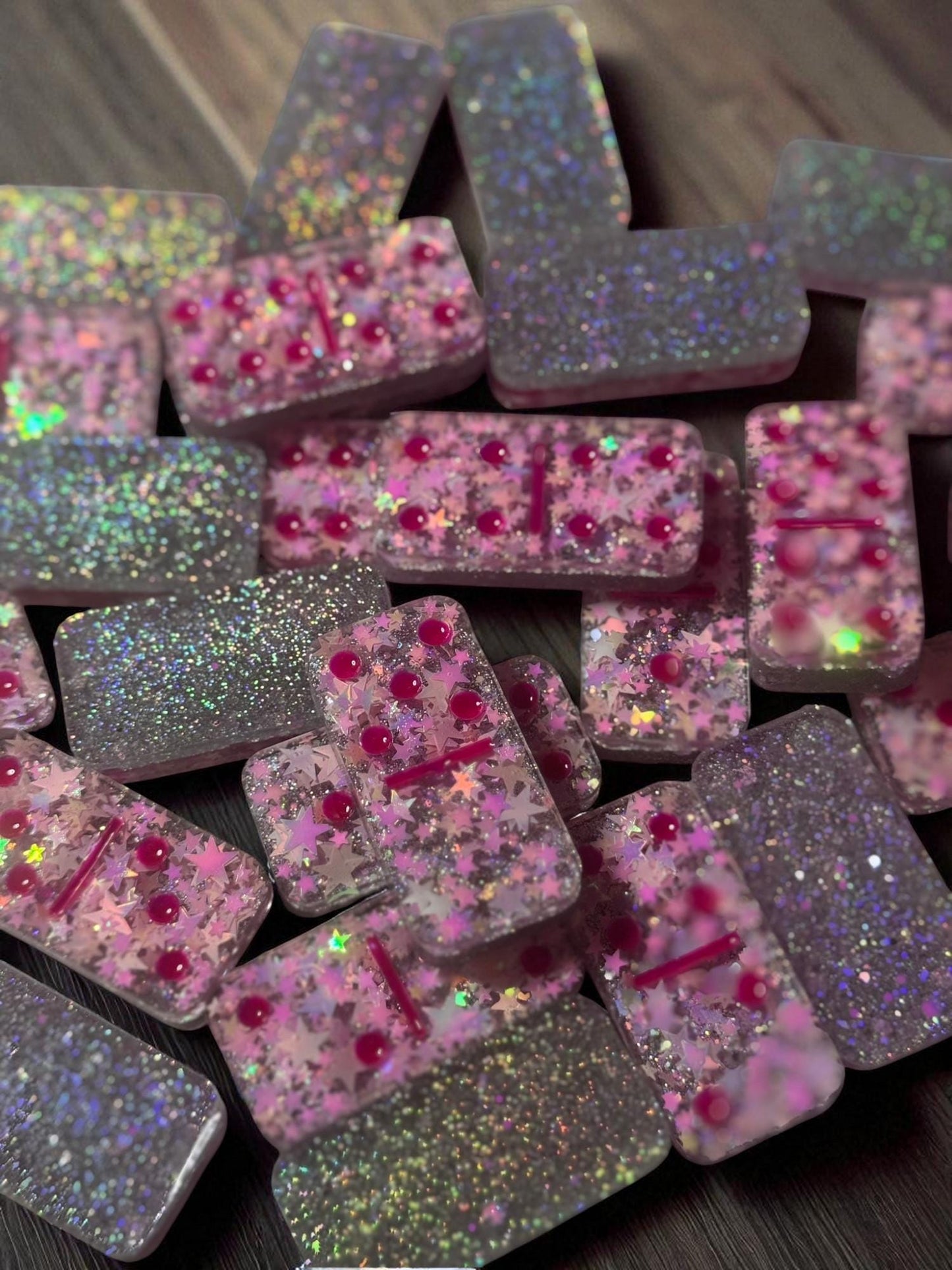 Handmade Pink & Silver Star Domino Set with Storage Case | Unique Custom Game Gift