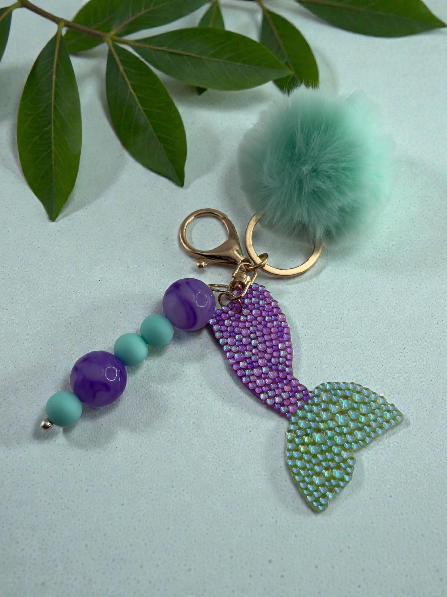 Sparkly Mermaid Tail Keychain with Fluffy Pom Pom | Bag Charm Accessory