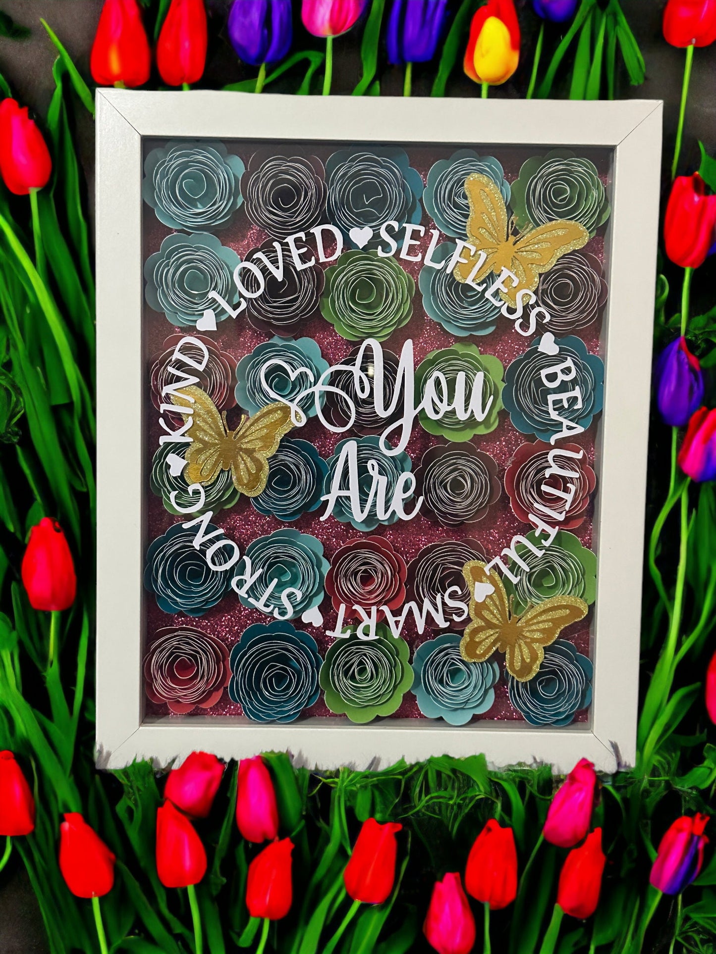 You Are Enough ShadowBox with Rolled Flowers, Inspirational Wall Art, Floral Decor, Motivational Gift