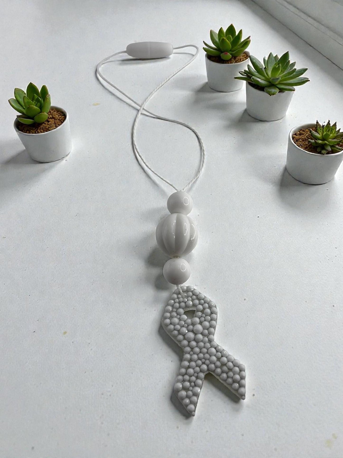Handmade Lung Cancer Awareness Car Charm, White Rhinestone Ribbon
