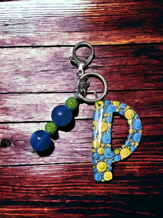 Dot Art Letter P Keychain: Bubblegum Bead Monogram Bag Charm