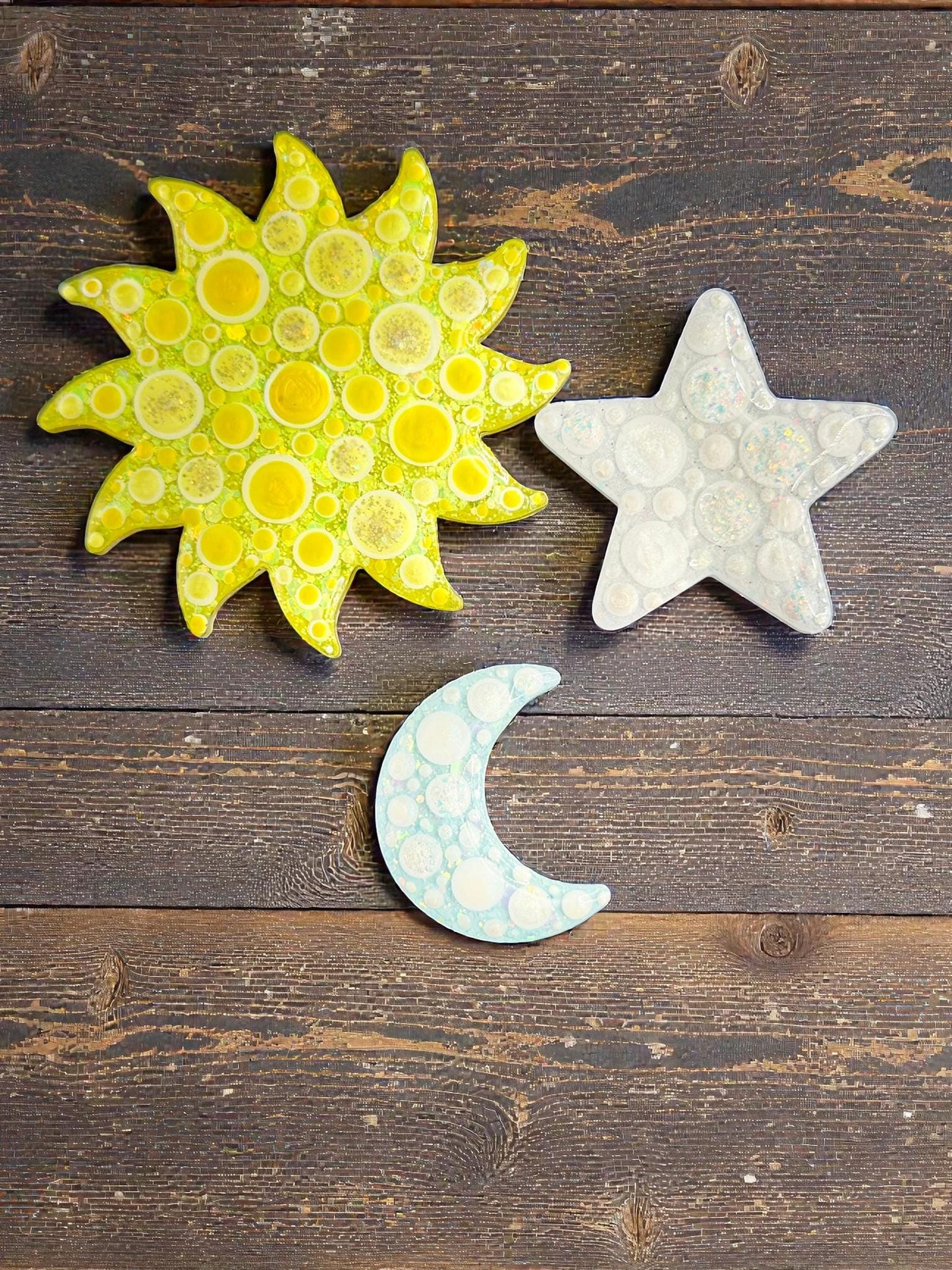 Handmade Celestial Magnet Set - Moon, Sun, and Star Fridge Magnets, Handpainted Decor