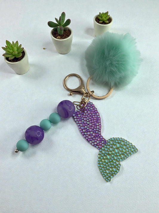 Sparkly Mermaid Tail Keychain with Fluffy Pom Pom | Bag Charm Accessory