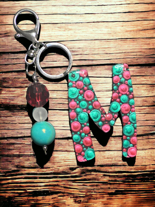 Dot Art Letter M Keychain: Bubblegum Bead Bag Charm