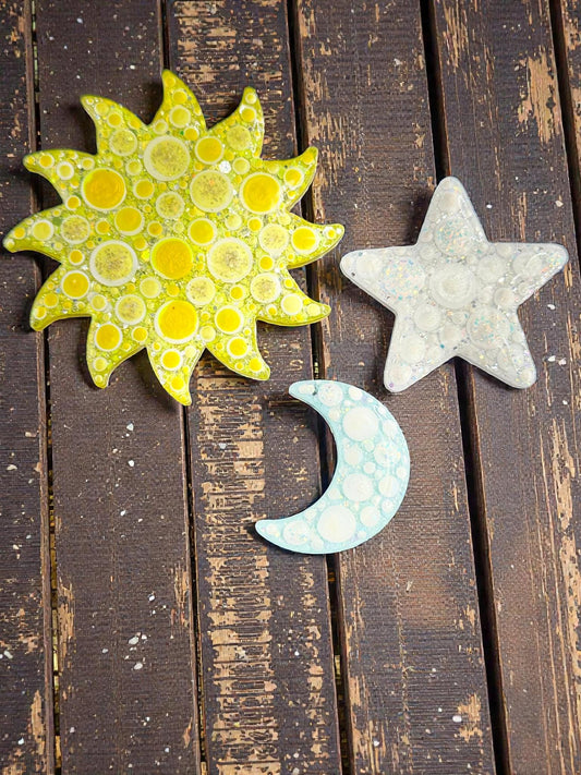 Handmade Celestial Magnet Set - Moon, Sun, and Star Fridge Magnets, Handpainted Decor