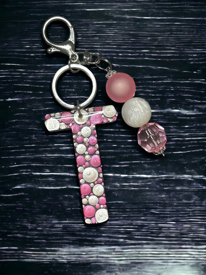 Dot Art Letter T Keychain: Bubblegum Bead Monogram Bag Charm