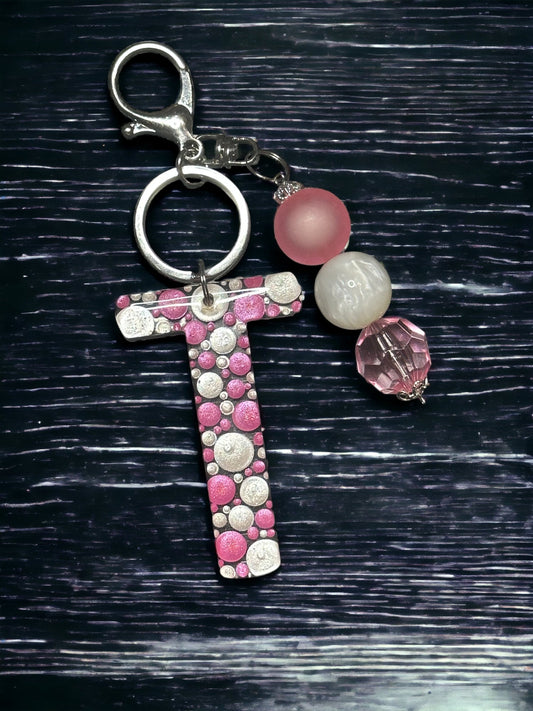 Dot Art Letter T Keychain: Bubblegum Bead Monogram Bag Charm