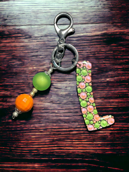 Dot Art Letter L Keychain: Bubblegum Bead Bag Charm, Monogram Initial