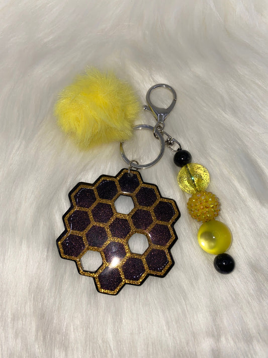 Honeycomb Keychain: Bubblegum Bead & PomPom Charm