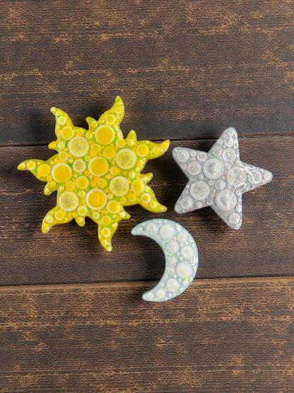 Handmade Celestial Magnet Set - Moon, Sun, and Star Fridge Magnets, Handpainted Decor