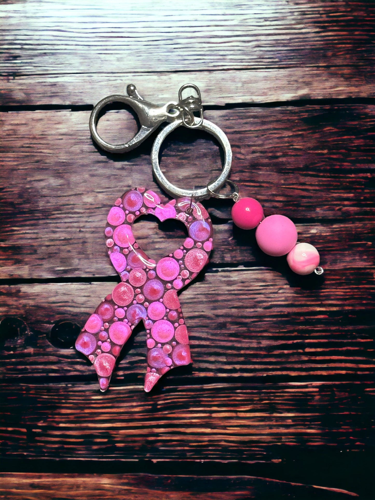 Dot Art, Breast Cancer Support Ribbon, Bubblegum Bead Keychain, Beaded Bag Charm,  Bubblegum Jewelry