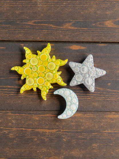 Handmade Celestial Magnet Set - Moon, Sun, and Star Fridge Magnets, Handpainted Decor