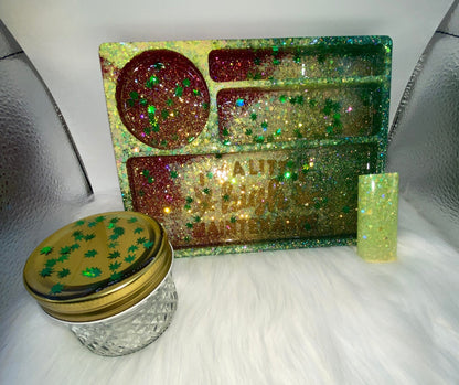 Red, Green & Yellow Tray Set with Jar and  Cover