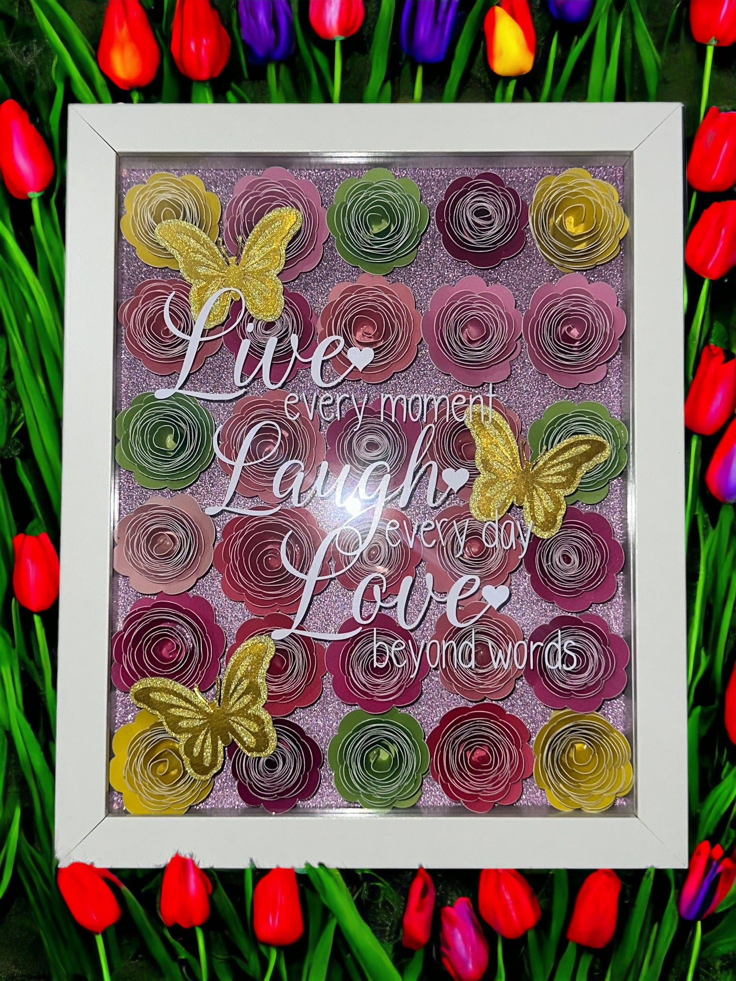 Live Laugh Love ShadowBox with Rolled Flowers, Inspirational Wall Art, Floral Decor, Motivational Gift