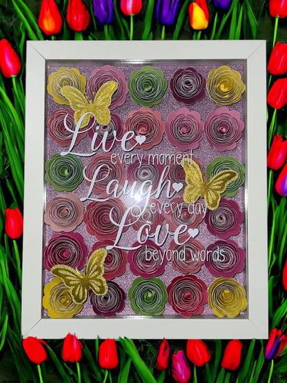 Live Laugh Love ShadowBox with Rolled Flowers, Inspirational Wall Art, Floral Decor, Motivational Gift