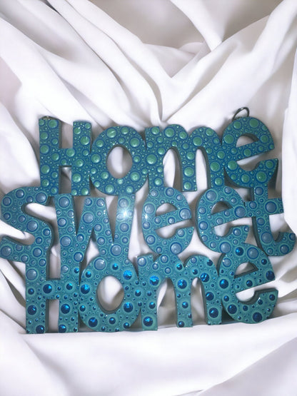 Handpainted Dot Art Wooden Home Sweet Home Decor - Blue and Gray Accent