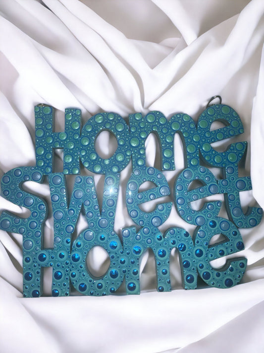 Handpainted Dot Art Wooden Home Sweet Home Decor - Blue and Gray Accent
