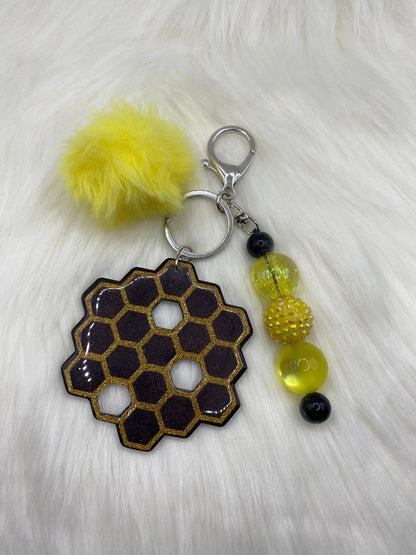 Honeycomb Keychain: Bubblegum Bead & PomPom Charm