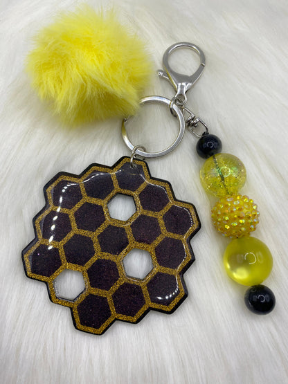 Honeycomb Keychain: Bubblegum Bead & PomPom Charm