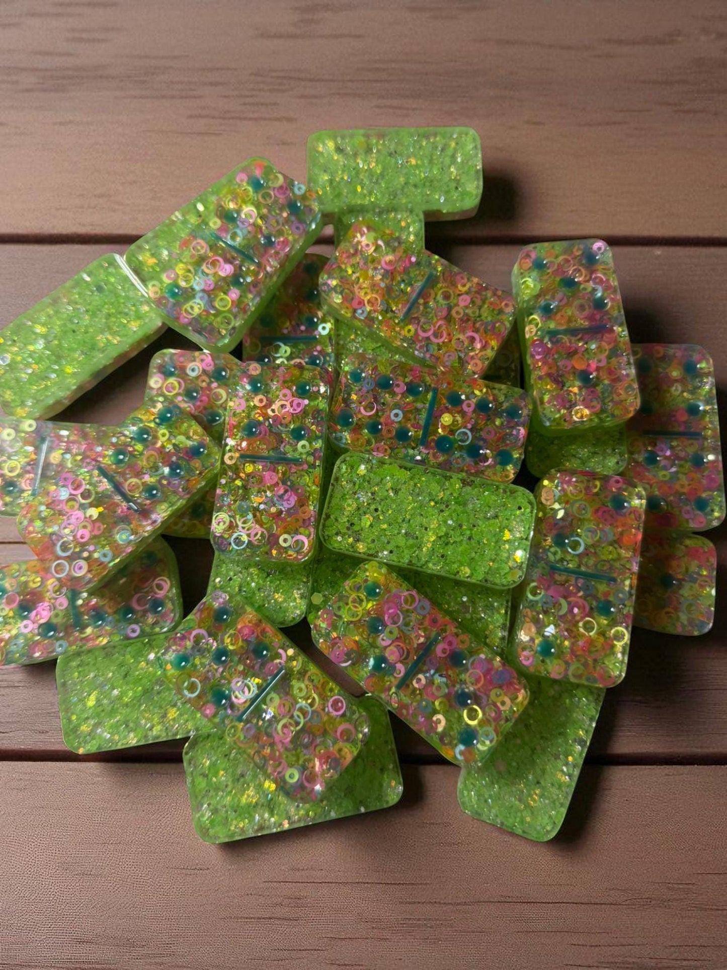 Handmade Green Domino Set with Circles - Custom Dot Design & Travel Case