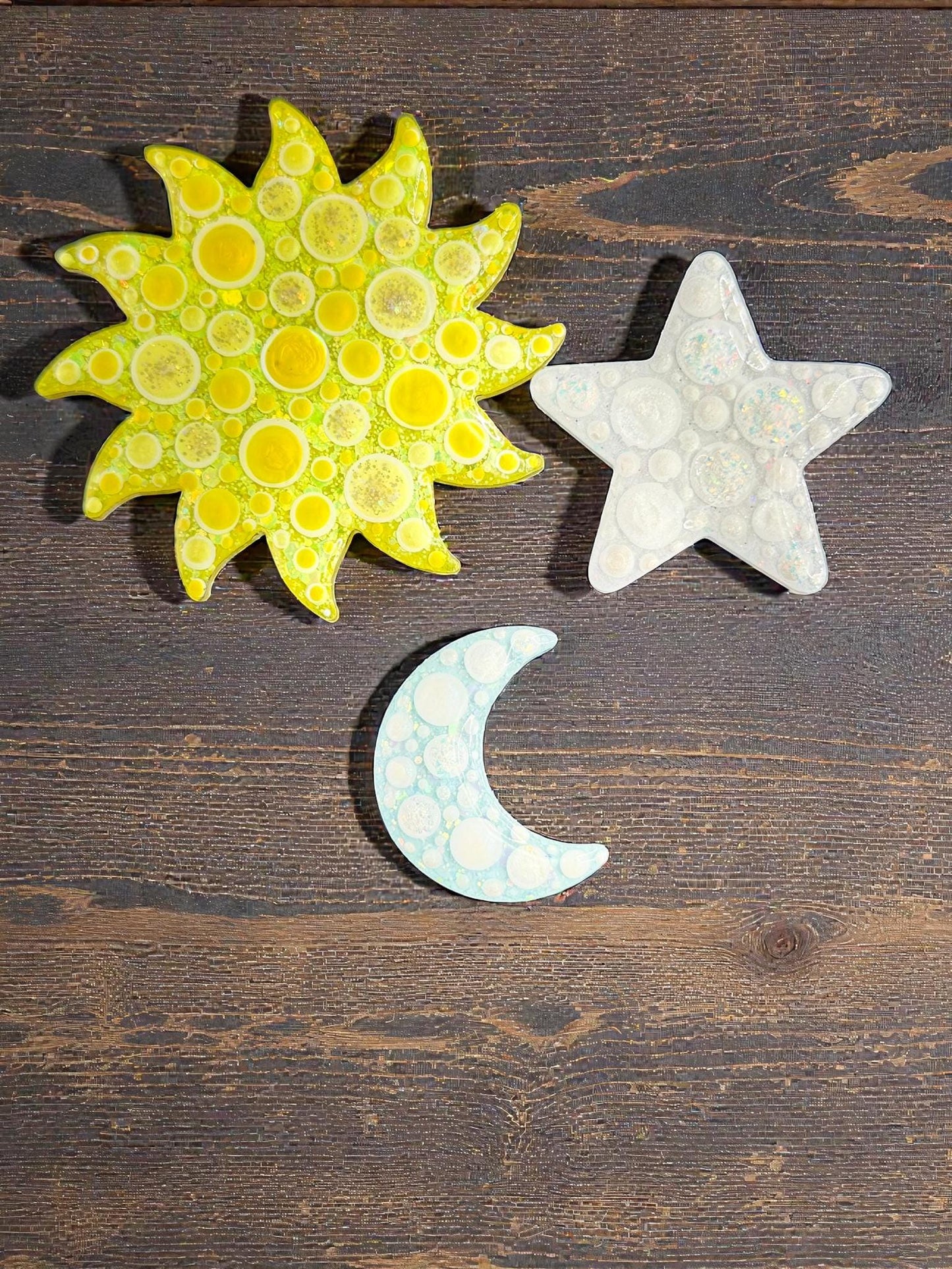 Handmade Celestial Magnet Set - Moon, Sun, and Star Fridge Magnets, Handpainted Decor