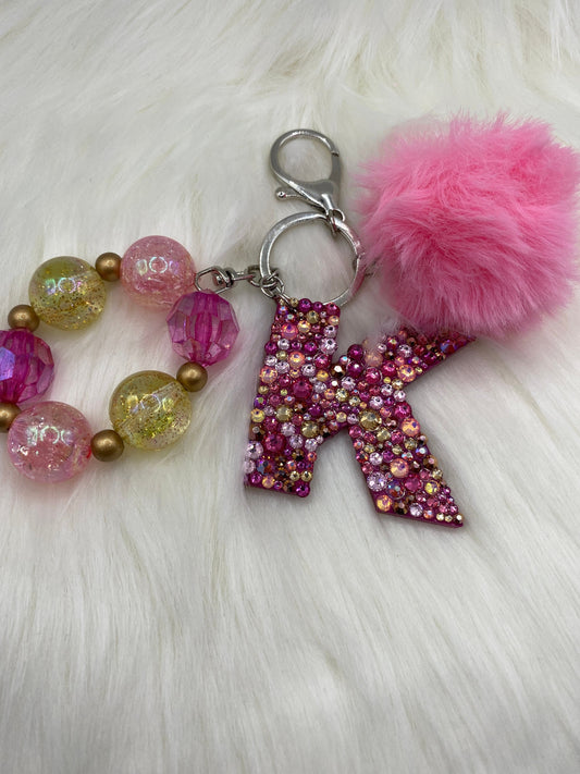 Letter Keychain: Bubblegum Beads & Pom Pom Charm