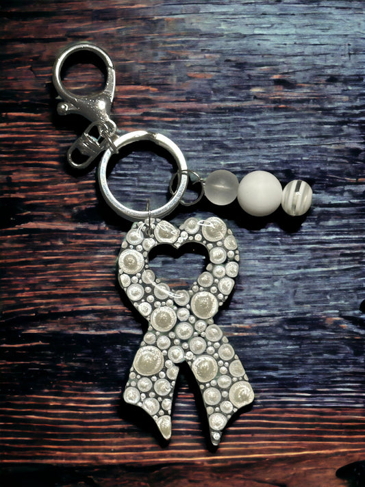 Dot Art, Lung Cancer Support Ribbon, Bubblegum Bead Keychain, Beaded Bag Charm,  Bubblegum Jewelry