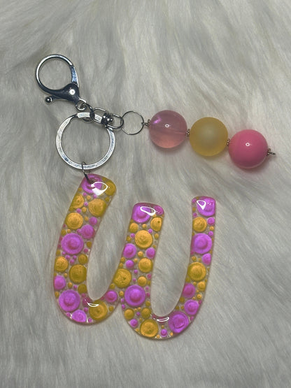 Dot Art Letter W Keychain: Bubblegum Bead Monogram Bag Charm