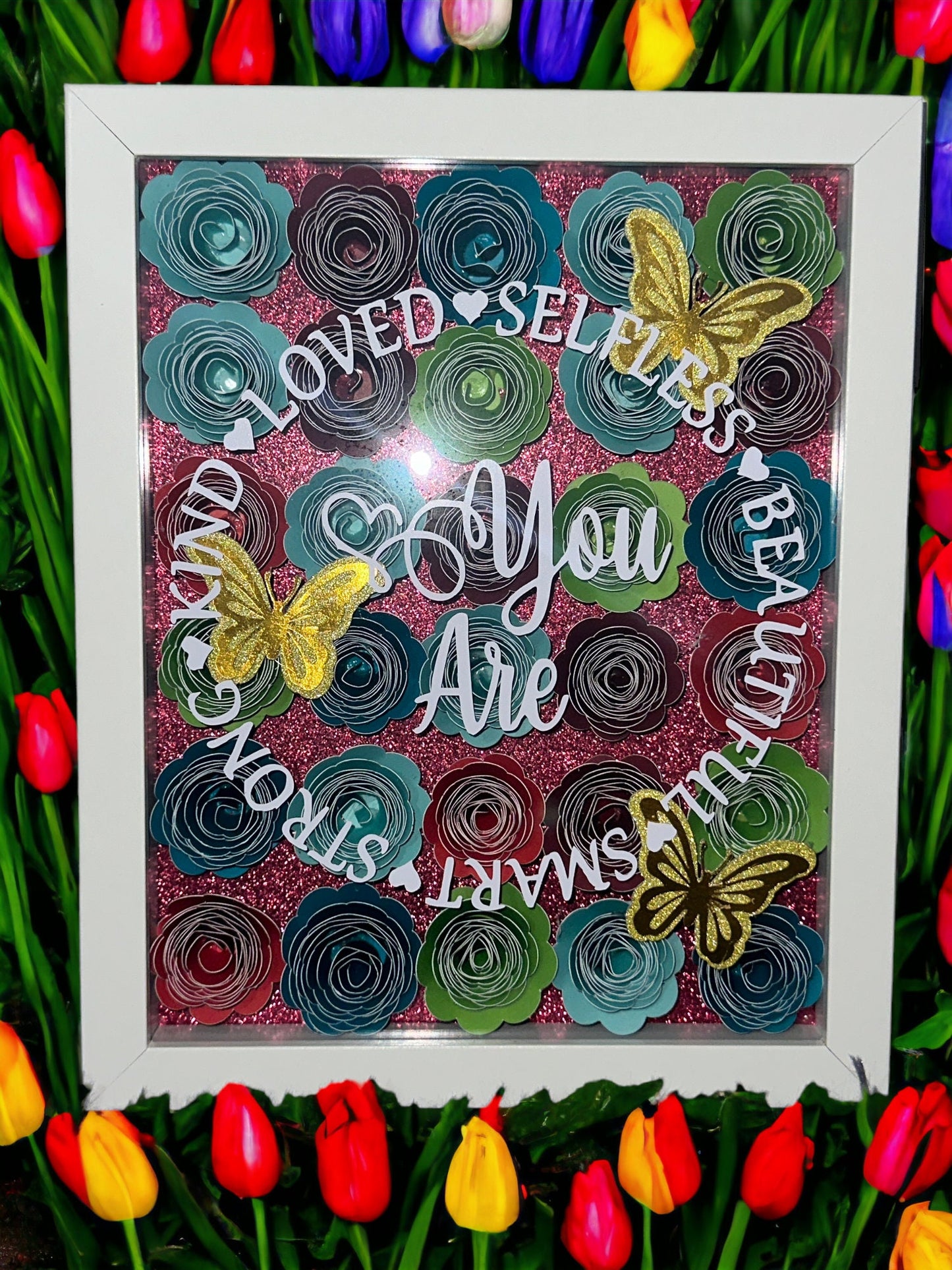 You Are Enough ShadowBox with Rolled Flowers, Inspirational Wall Art, Floral Decor, Motivational Gift