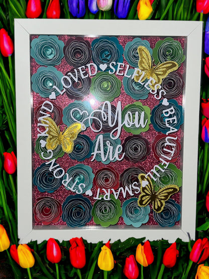You Are Enough ShadowBox with Rolled Flowers, Inspirational Wall Art, Floral Decor, Motivational Gift
