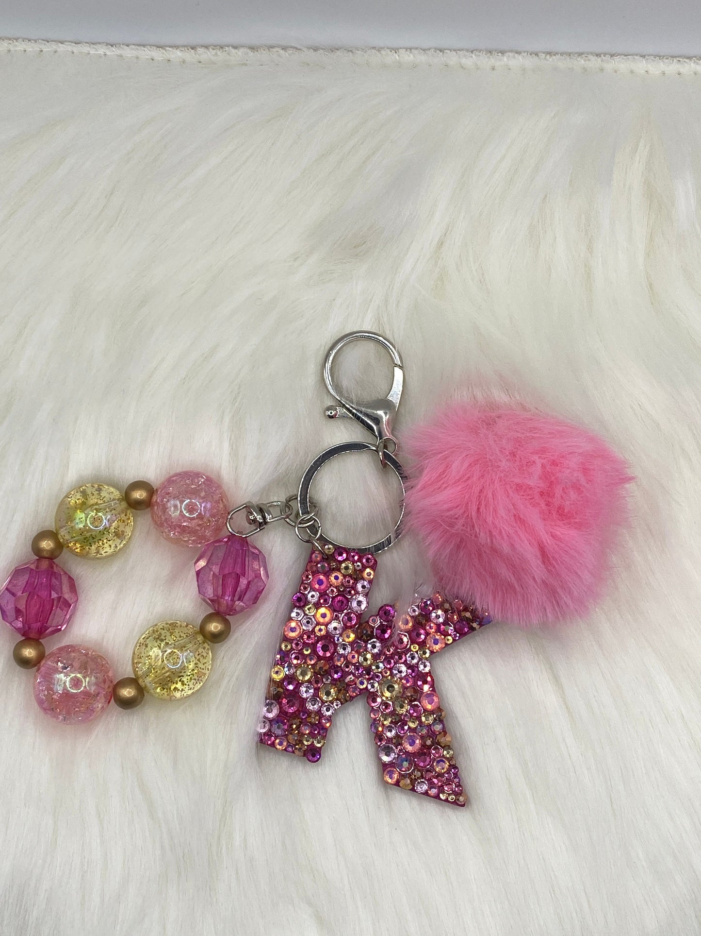 Letter Keychain: Bubblegum Beads & Pom Pom Charm