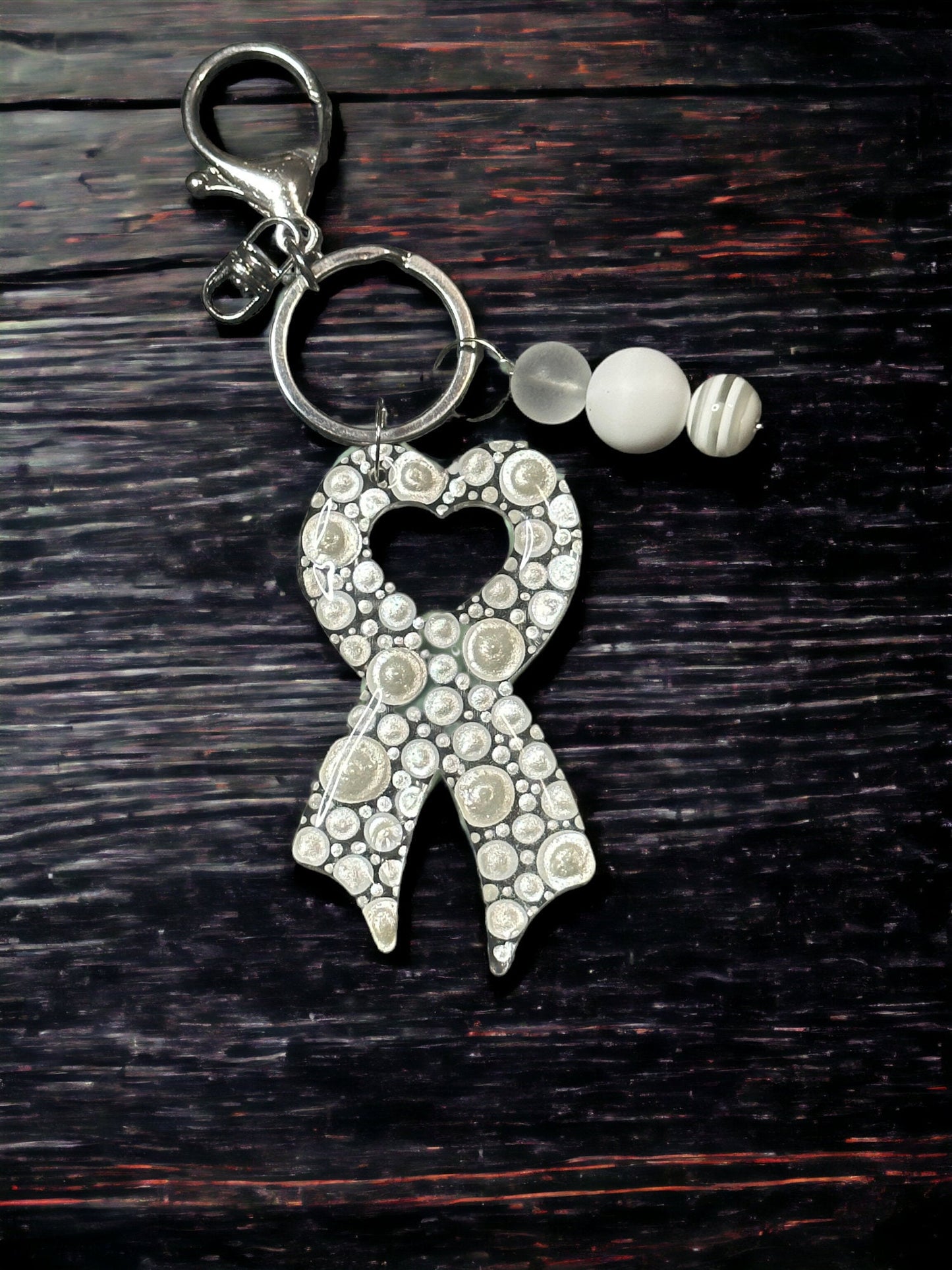Dot Art, Lung Cancer Support Ribbon, Bubblegum Bead Keychain, Beaded Bag Charm,  Bubblegum Jewelry