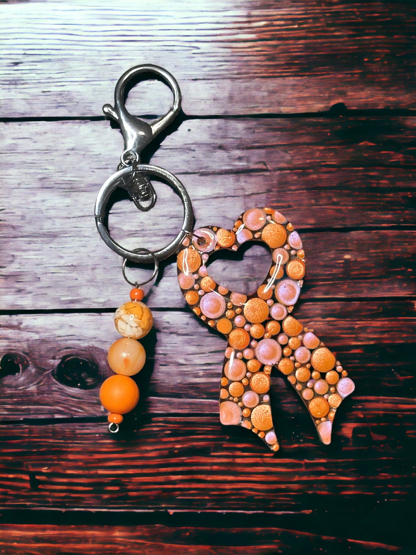 Dot Art, Kidney Cancer Support Ribbon, Bubblegum Bead Keychain, Beaded Bag Charm,  Bubblegum Jewelry