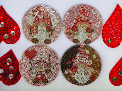 Handmade Rhinestone Gnome Valentines Day Coasters: Red Pink Love Decor