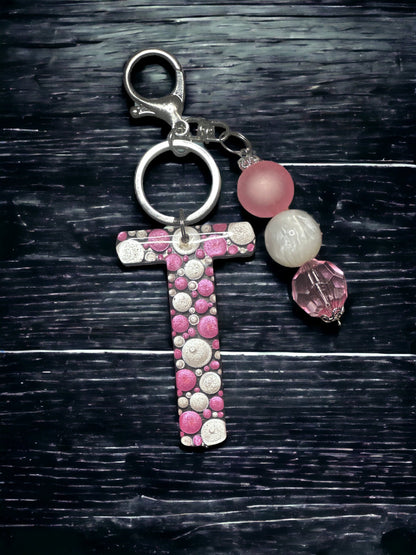 Dot Art Letter T Keychain: Bubblegum Bead Monogram Bag Charm