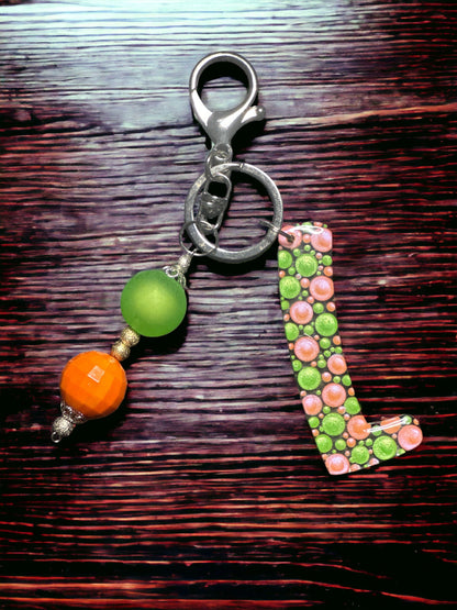 Dot Art Letter L Keychain: Bubblegum Bead Bag Charm, Monogram Initial