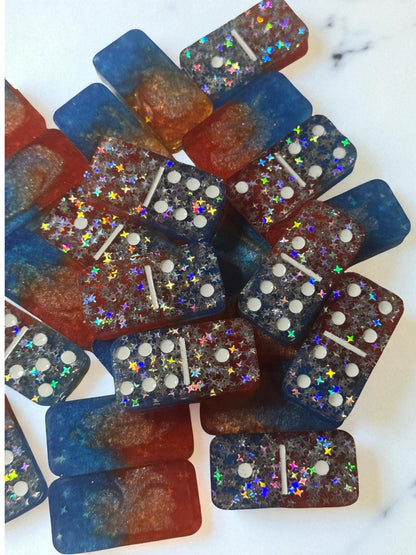 Handmade Red and Blue Star Domino Set with Protective Carrying Case | Unique Game Gift
