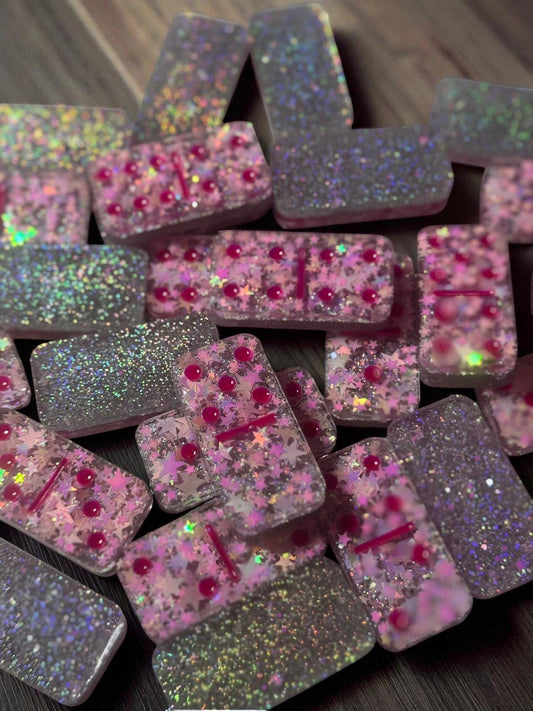 Handmade Pink & Silver Star Domino Set with Storage Case | Unique Custom Game Gift