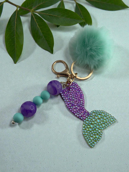 Sparkly Mermaid Tail Keychain with Fluffy Pom Pom | Bag Charm Accessory