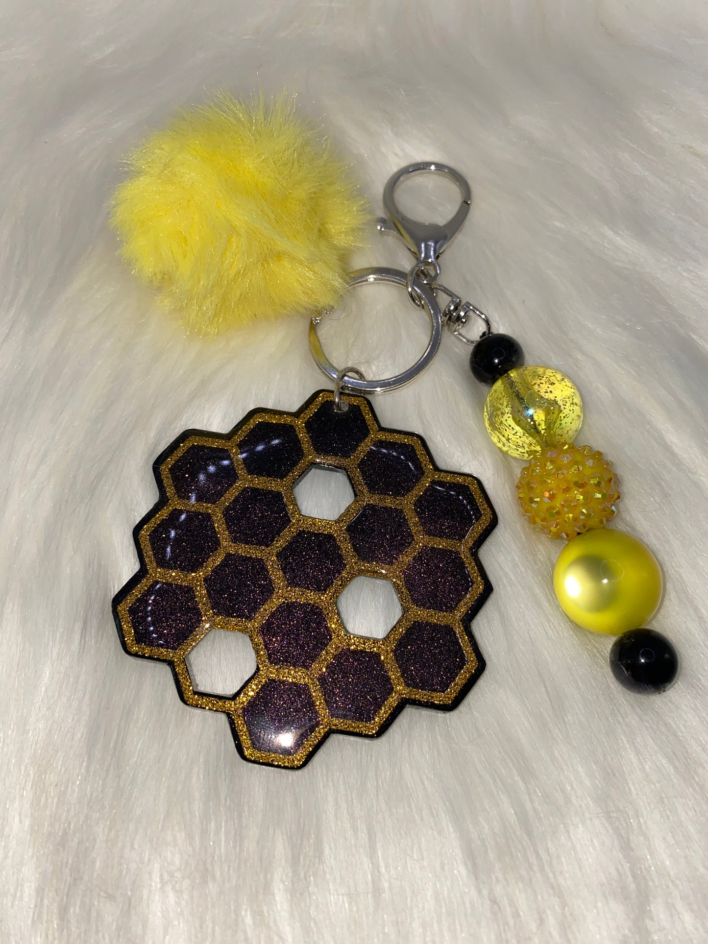 Honeycomb Keychain: Bubblegum Bead & PomPom Charm