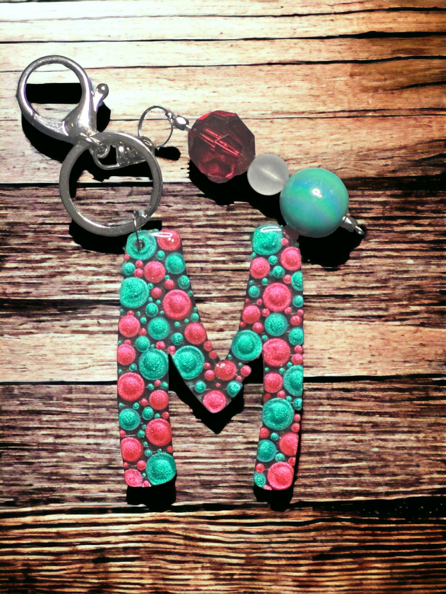 Dot Art Letter M Keychain: Bubblegum Bead Bag Charm