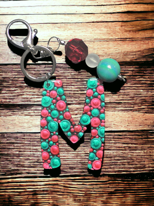 Dot Art Letter M Keychain: Bubblegum Bead Bag Charm