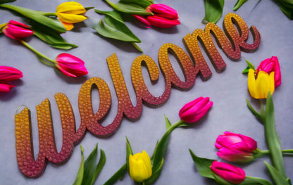 Rhinestone Welcome Sign, Home or Office Deco, Yellow, Magenta