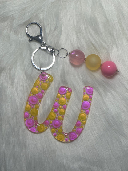 Dot Art Letter W Keychain: Bubblegum Bead Monogram Bag Charm