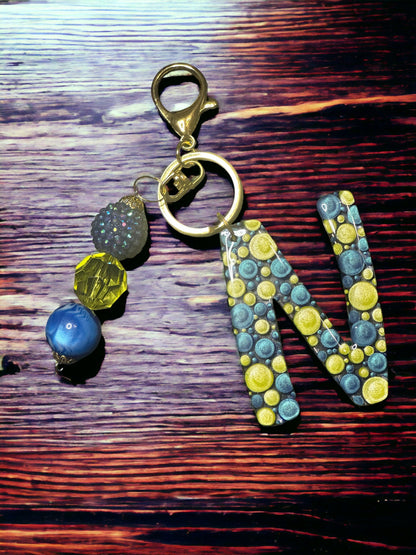 Dot Art Letter N Keychain: Bubblegum Bead Monogram Bag Charm