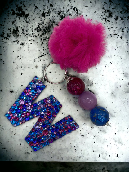 Bubblegum Bead Letter Keychain | Handmade Rhinestone Initial & Pom Pom Tassel
