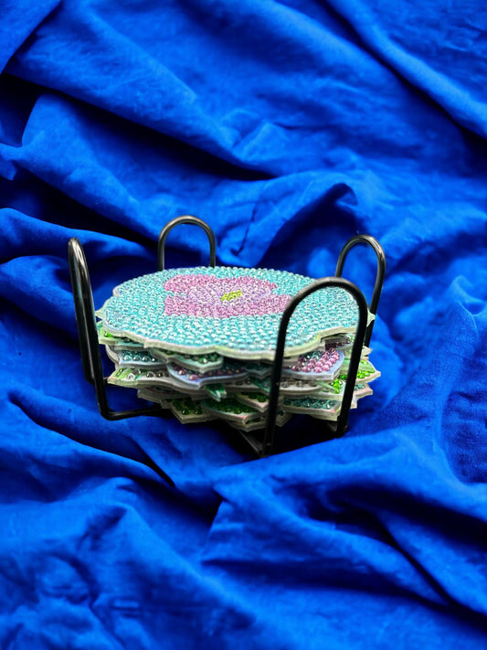 Handmade Rhinestone Flower Coasters with Holder Decor